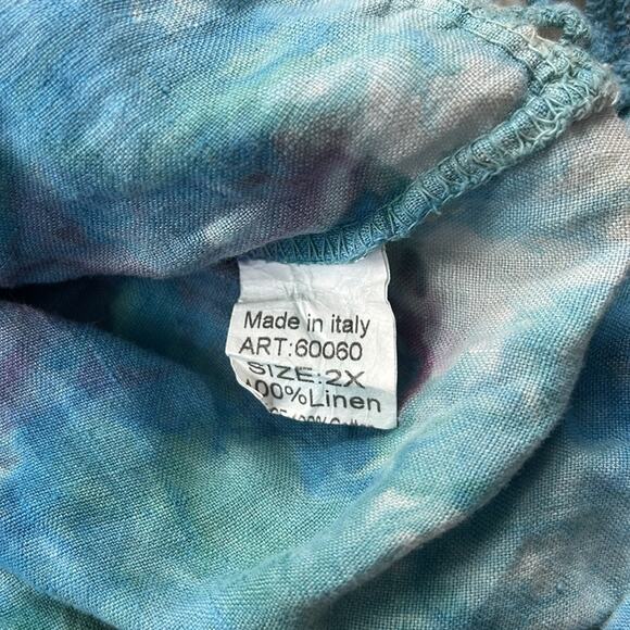 Lungo L'arno blue watercolor tie dye and crochet linen top, size 2X - Picture 6 of 8